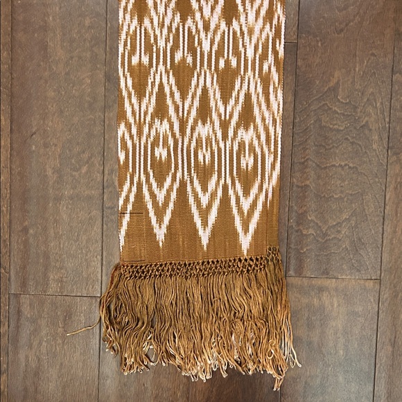Chic Handmade Tan and Pink Ikat Patterned Scarf with Fringed Ends From Ecuador - Picture 3 of 11